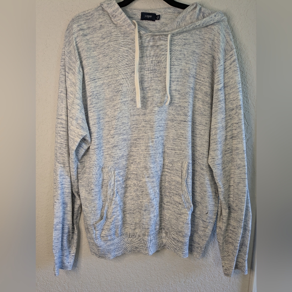 J. Crew Long Knit Hoodie Unisex L Heathered Blue Gray Lightweight FLAW Cozy